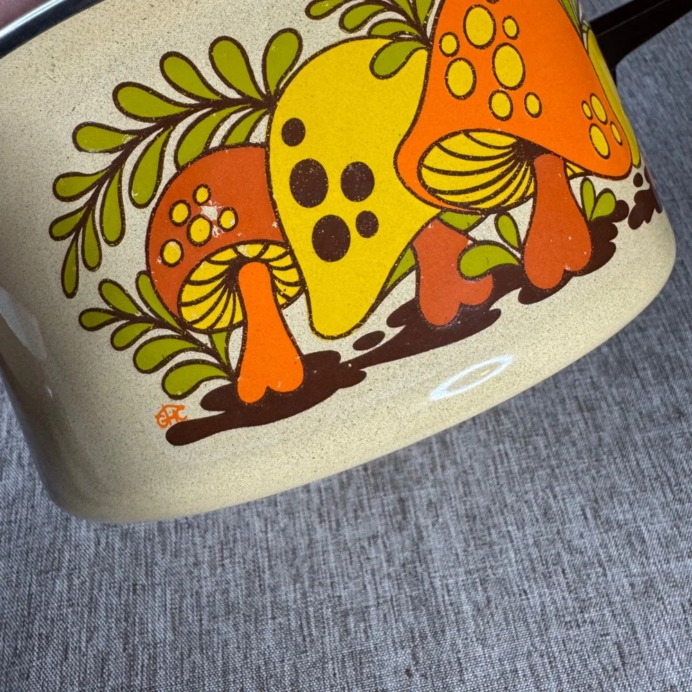 Vintage Merry Mushroom Enamel Cookware Set Retro 70s Skillet and Saucepan Retro
